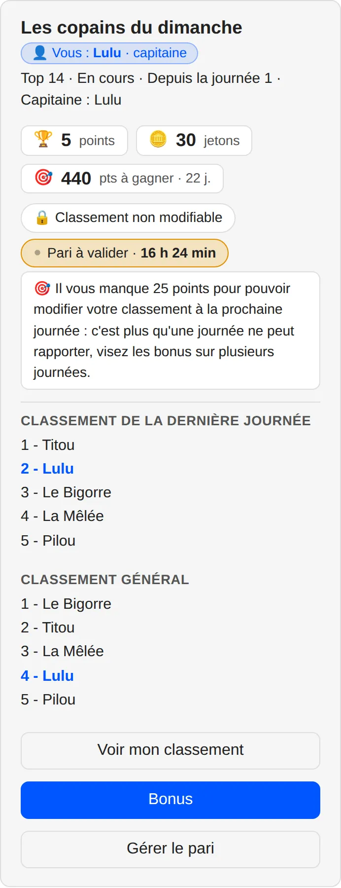 Carte d'un défi : points, jetons et classements entre amis